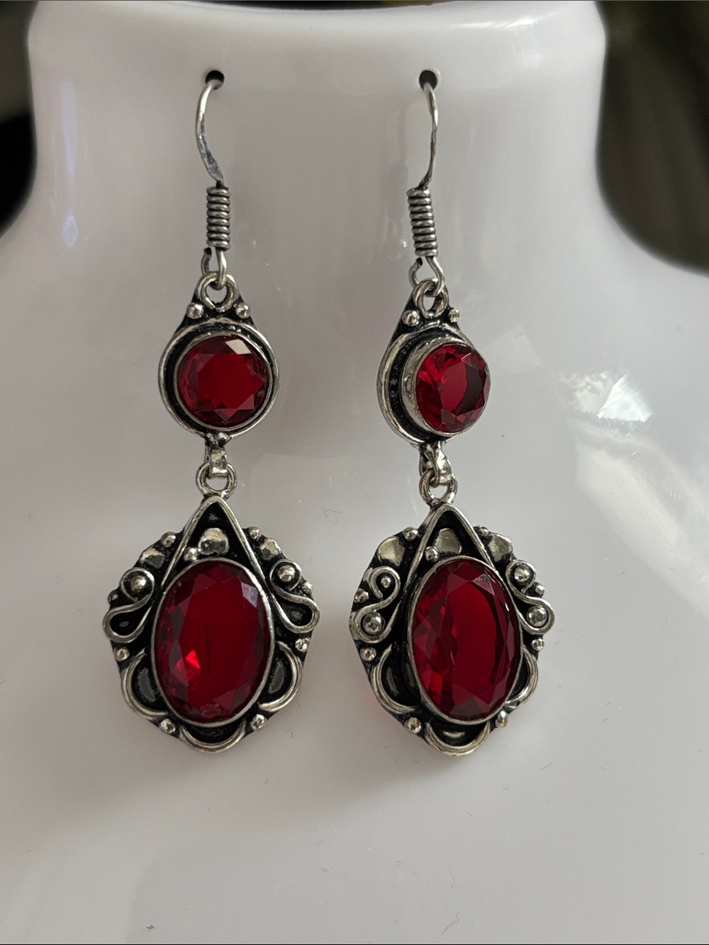 Silver Red Garnet Gemstone Crystal Drop Dangle Earrings